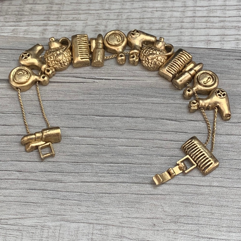 Vintage Gold Tone Beauty Salon Charm Bracelet Hair Dryer Comb Lipstick 6.5"